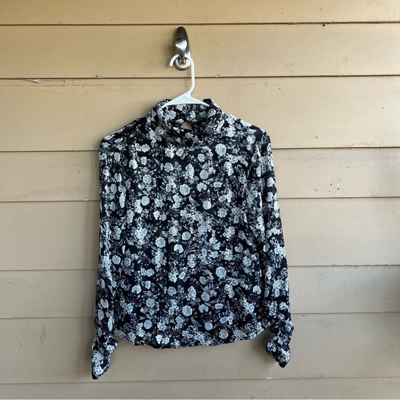 Zara Black White Floral Chiffon Long Sleeve Blouse Size XS - Picture 2 of 6